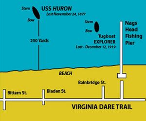 Sketch map of location of Huron and Explorer tug relative to nearby streets and Nag's Head Fishing Pier